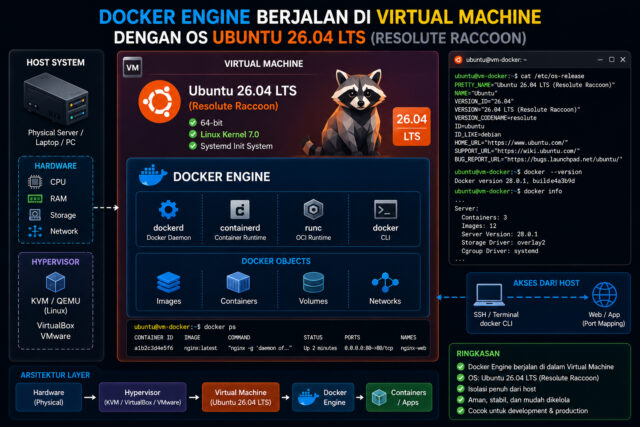 Docker Engine berjalan di Virtual Machine dengan OS Ubuntu 26.04 LTS (Resolute Raccoon)
