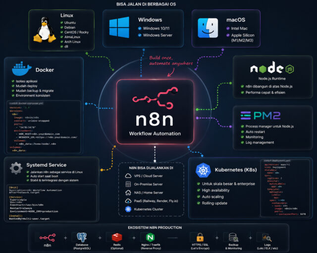 n8n di Linux, Windows, MacOS, Docker, Node.js, PM2, Systemd Service dan Kubernetes (K8s)